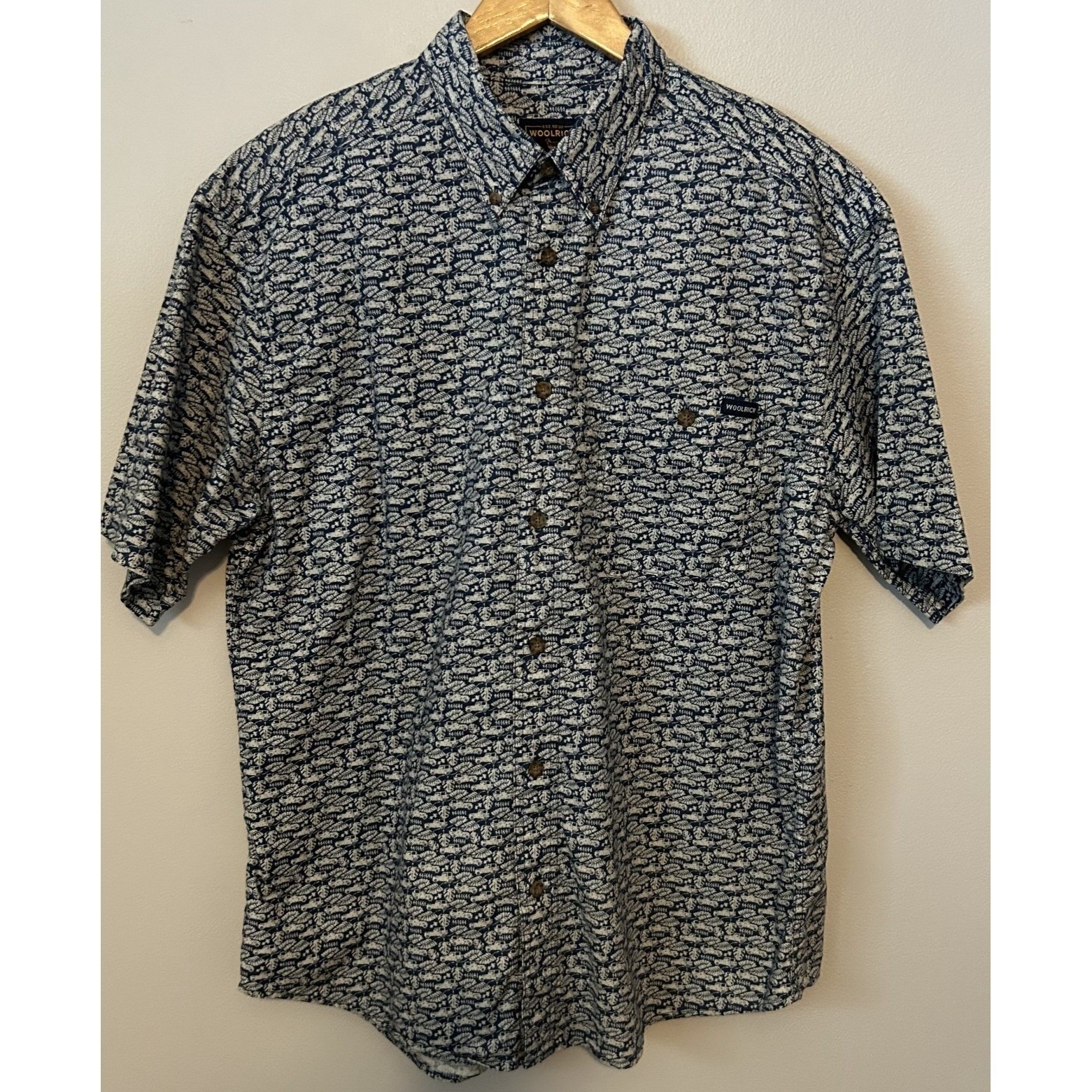 Woolrich Shirt Mens Large Blue Button Up Short Sleeve Mini Car Print Casual